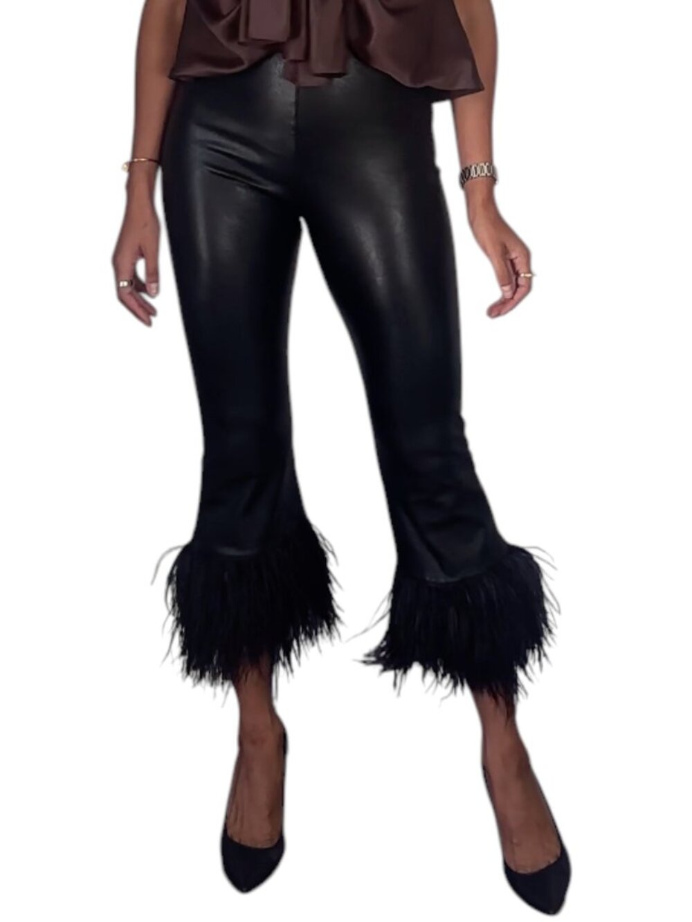 Commando Black Faux Leather Flare Pants Ostrich Feather Trim High Stretch Size S
